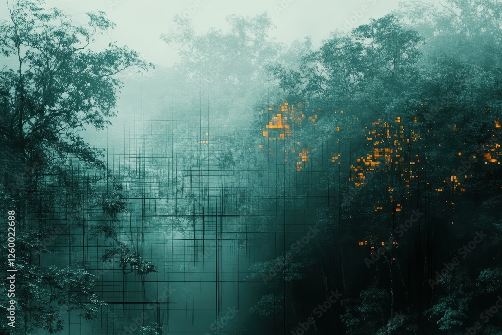 Poster mysterious forest landscape with glowing elements and grid overlay