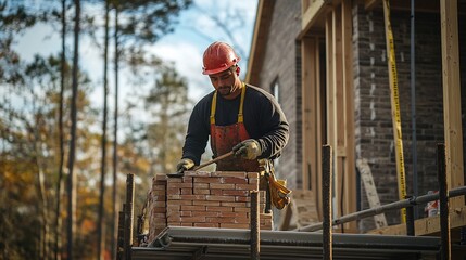 Construction worker carefully places bricks on a new house's foundation.