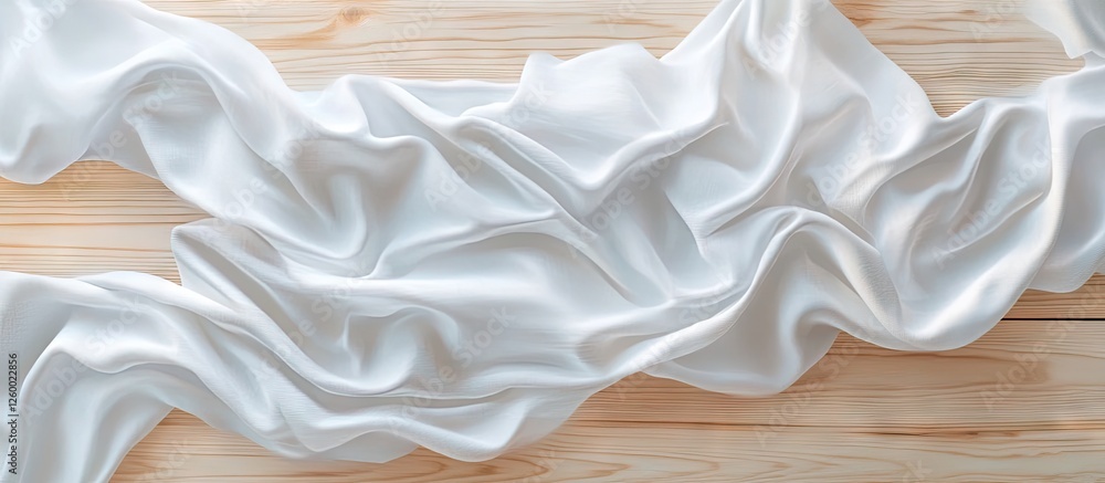 Aufkleber crumpled white fabric with soft creases drapes over a smooth light wooden plank surface featuring ho