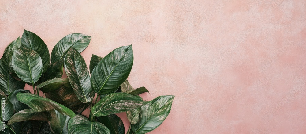 Poster green leaves with variegated patterns positioned left against a soft pastel blush backdrop creating 
