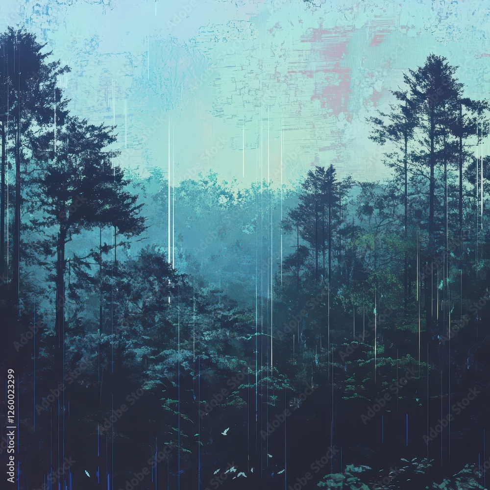 Poster dense forest view with abstract elements and bird formations