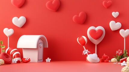 Cartoon-style Valentine's mailboxes with playful doodle hearts, candy motifs, bold colors, clean cut out