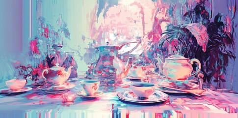 Colorful abstract painting showcases a tea set in a garden