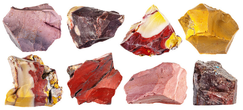 natural specimens of uncut mookaite rocks cutout