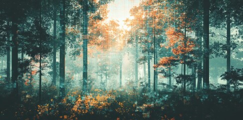 Naklejka premium Digital overlay of a forest with trees and undergrowth