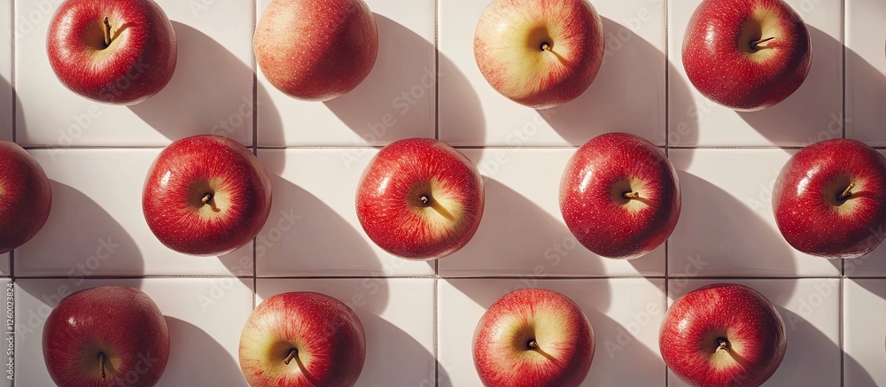 Poster red apples arranged neatly in a grid on a white tiled surface casting shadows, emphasizing their glo