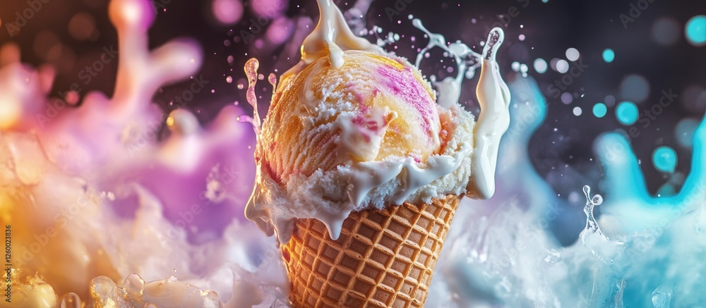Poster melting vanilla ice cream cone bursts with vibrant splashes of color on a dark background creating a