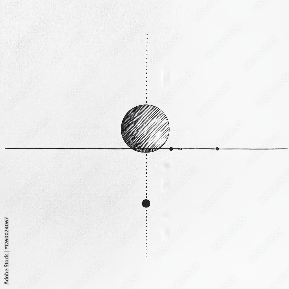 Aufkleber minimalist line art drawing of a circle with shading, intersected by a line and dotted vertical line