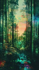 Naklejka premium Digital forest path leads toward a soft horizon glow