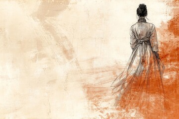 Naklejka premium Elegant figure in traditional dress stands against a warm, abstract background showcasing fine artistry and cultural heritage