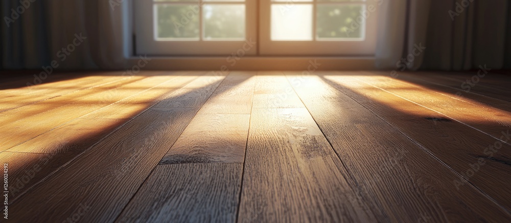 Poster sunlight streaming through a window onto wooden floorboards creating warm golden shadows with a soft