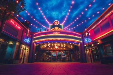Illuminated movie theater entrance at night with vibrant lights and signage.
