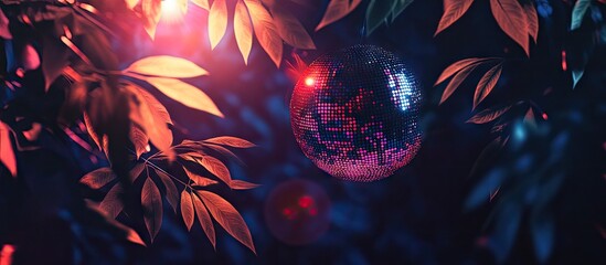 Luminous abstract scene featuring vibrant red and blue leaves surrounding a reflective disco ball, illuminated by soft glowing lights.