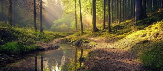 Serene forest scene with lush green trees and sunlight filtering through, reflecting on a tranquil stream winding through the landscape.