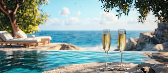 Luxurious couple's getaway with sparkling champagne flutes near serene infinity pool overlooking clear blue ocean and lush greenery in the background