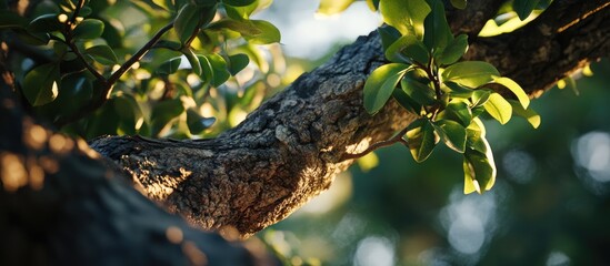 Close-up of a bright green lime tree branch with textured bark and lush leaves illuminated in a sunlit park setting under a soft blue sky