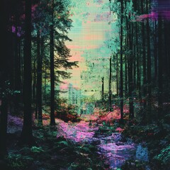 Obraz premium Glitchy forest landscape features tall trees and vibrant colors