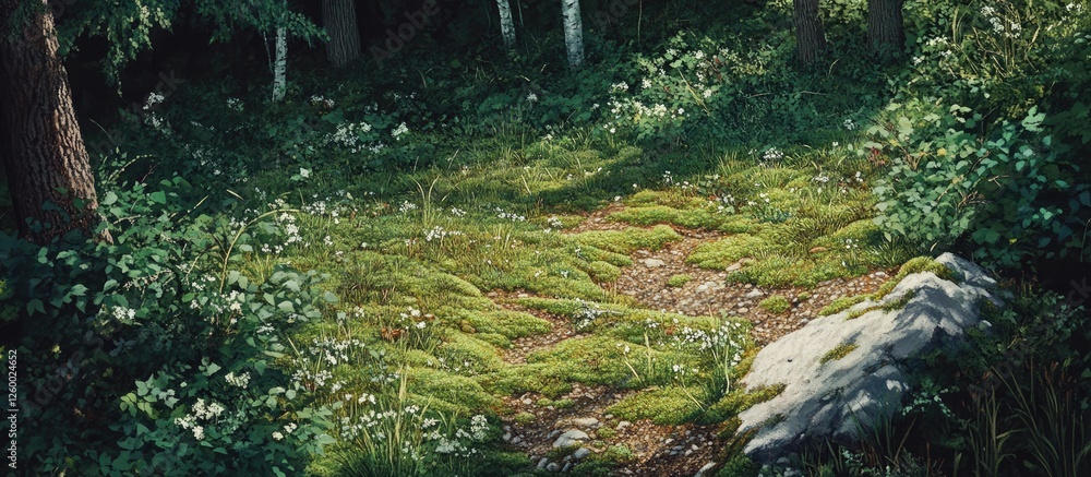 Poster lush green moss blankets the forest floor with delicate textures highlighted by soft sunlight filter
