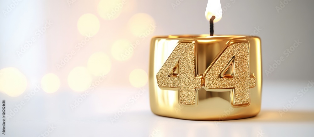 Poster candle with gold glitter numbers 44 in the center illuminated by a soft flame against a blurred ligh