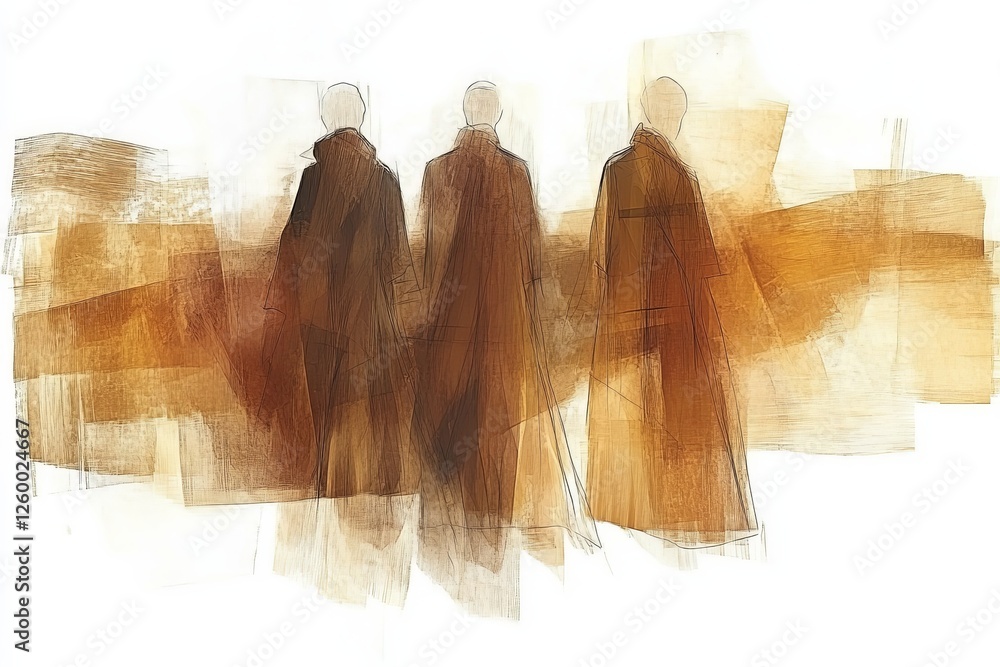 Aufkleber figures in warm colors walking through an abstract landscape with flowing lines and textures