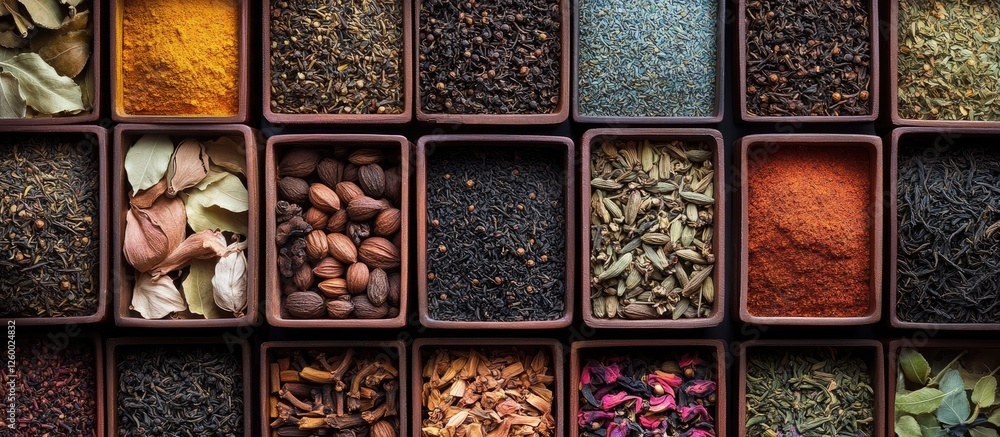 Poster vibrant close-up of assorted spices and black tea in layered containers showcasing rich browns reds 