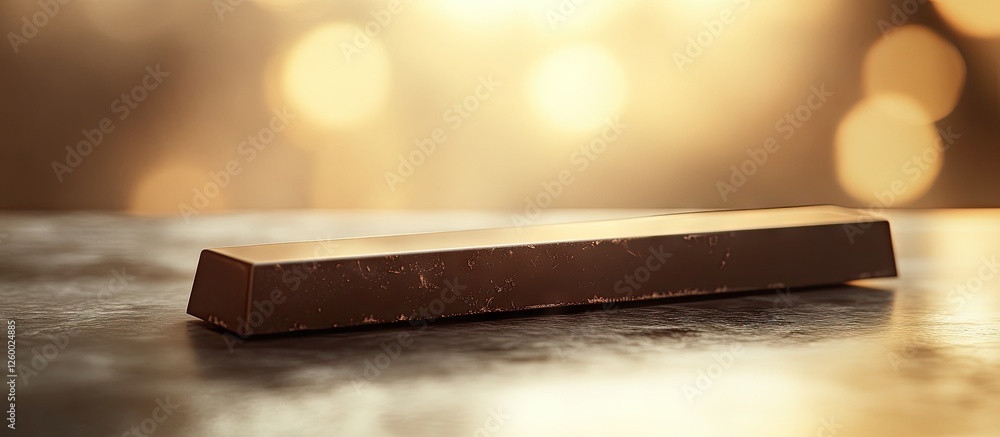 Poster close-up of a long dark chocolate bar on a textured table with a soft blurred warm golden background