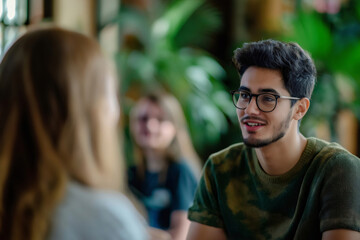 Obraz premium Students engaging in conversation practice during a lively language class, surrounded by plants in a vibrant classroom setting