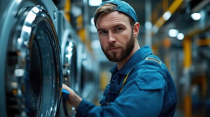 a maintenance worker troubleshooting a washing machine in the industrial mechanical realism engineering construction and design style