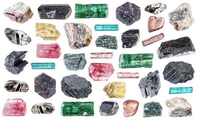 natural specimens of uncut tourmaline rocks cutout
