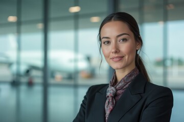 Head and shoulders Portrait of an elegant stylish Paraguayan young female flight attendant in uniform.