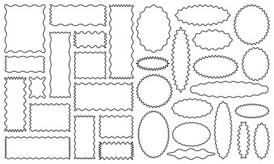 Set of frames with squiggly of wavy edges. Stamps with rectangle and circle shapes. Outline vector eps 10