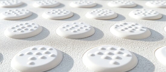 Close up of white tactile paving dots arranged in a pattern creating a safe navigation surface for visually impaired individuals with soft shadows