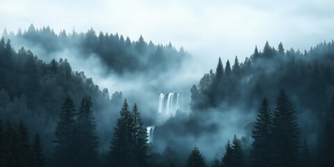 Misty Mountain Valley Waterfall Forest Landscape