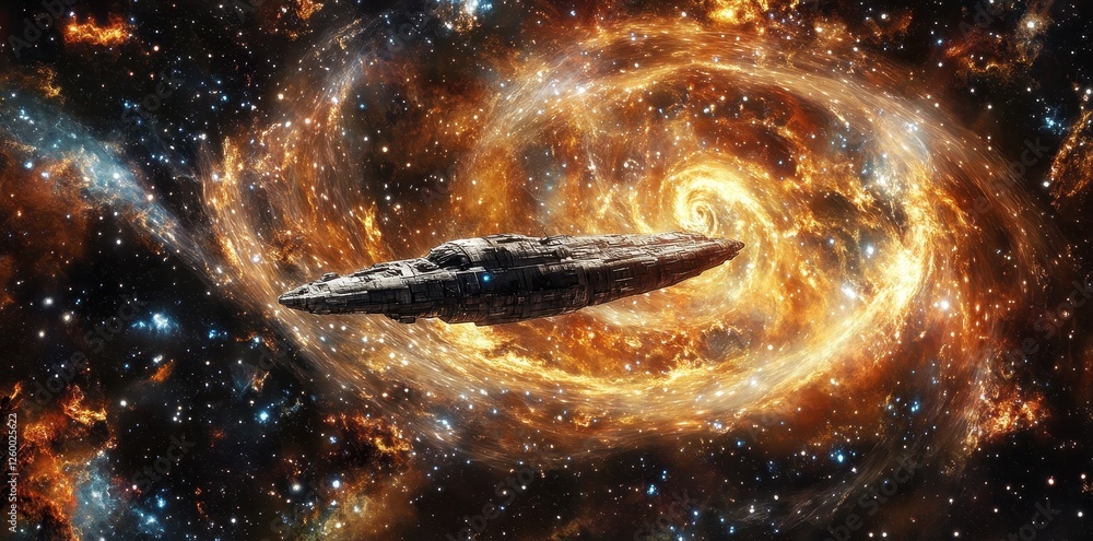 Poster spaceship navigates a stunning and fiery nebula in deep space