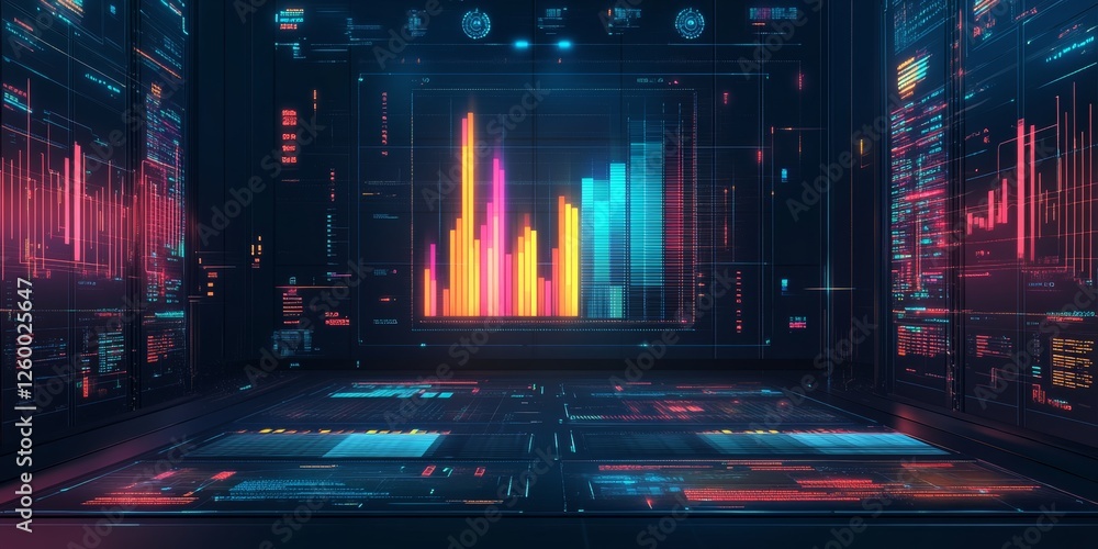 Aufkleber data visualization with colorful bar and line graphs, futuristic technology background