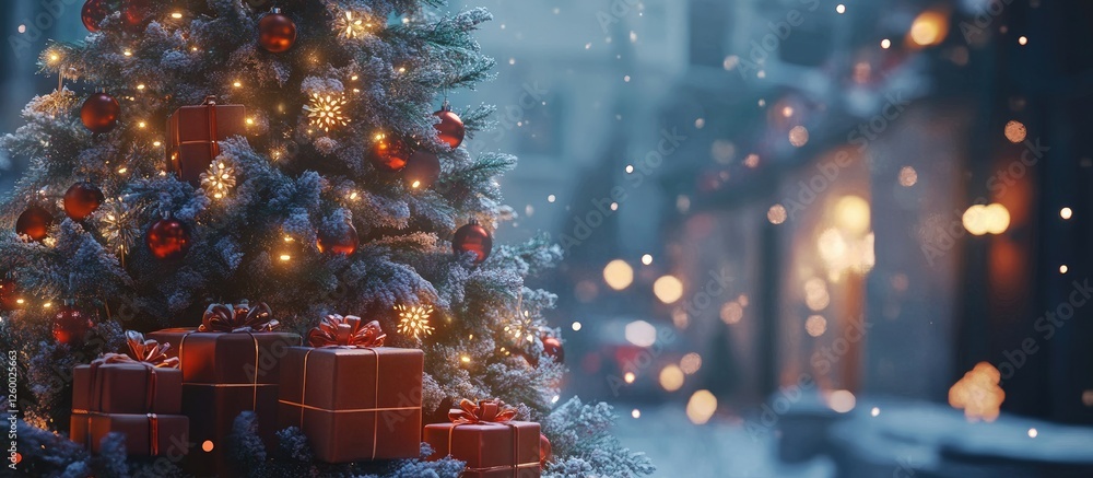 Poster christmas tree decorated with wrapped gift boxes and soft blurred lights in a snowy scene with twink