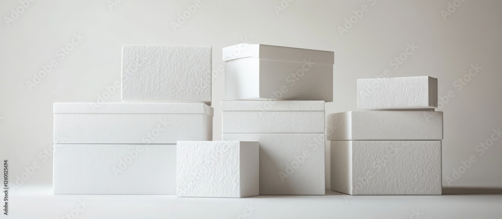 Poster elegant arrangement of textured white boxes stacked in various sizes against a soft neutral backdrop
