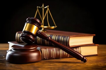 Law concept: Wooden gavel, legal books, golden scale on the table, with stately background. Symbol of justice and authority.