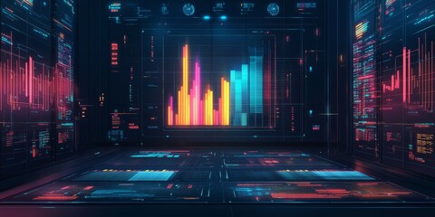 Data Visualization with Colorful Bar and Line Graphs, Futuristic Technology Background