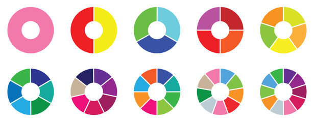 Pie charts diagram set. Circle pie charts 1,2,3,4,5,6,7,8,9,10,11,12 sections. Wheel round segment infographic part