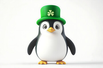 Obraz premium Cute cartoon penguin wearing a green hat with a shamrock, standing against a plain background