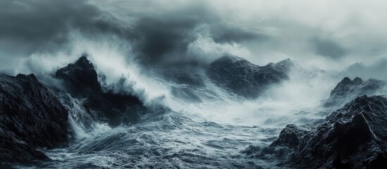 Fototapeta premium Monochrome long exposure of turbulent ocean waves crashing on dark rocks with rising fog, emphasizing dramatic contrasts of black and white tones.