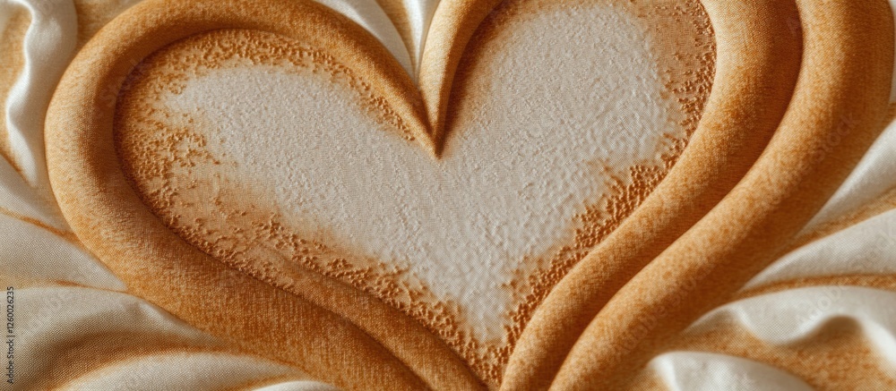Poster intricate latte art heart design on soft cream fabric with warm beige and light brown shades emphasi