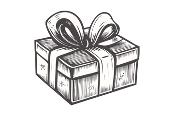 Vintage Hand-Drawn Gift Box with Ribbon in Black and White Illustration