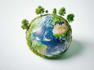 Fototapeta premium Model globe with trees on land areas, representing environmental awareness and the importance of preserving our planet.
