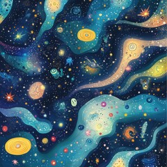 Whimsical depiction of a colorful abstract cartoon style outer space