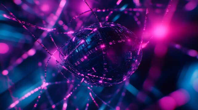 Abstract sphere with glowing neon lines, digital network concept.