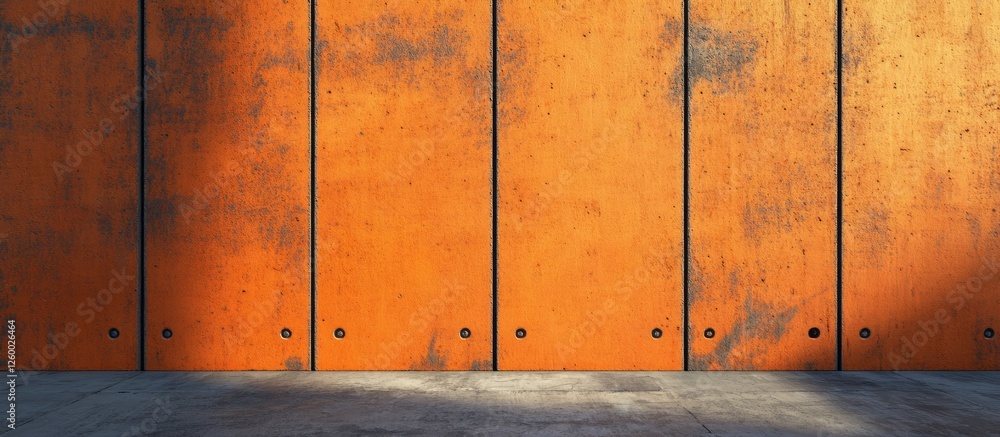 Poster expansive orange concrete wall texture in an industrial setting with shadows on left side creating a