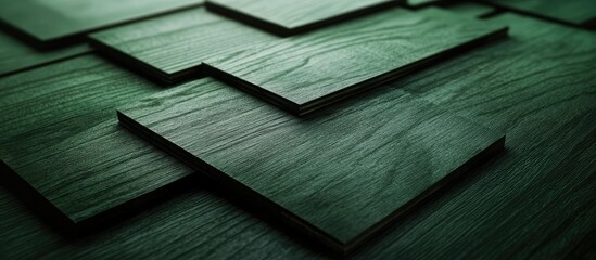 Dark green plywood texture with layered planks showcasing subtle wood grain patterns and shadows, creating depth and visual complexity.