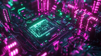 Fototapeta premium Close-up of a glowing neon pink and green circuit board with a central processor.